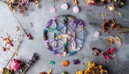 Mystical flat lays featuring sacred geometry patterns created with crystals, gemstones, candles, and herbs. Arranged in mandala-like designs on dark textured backgrounds with glowing atmospheric light