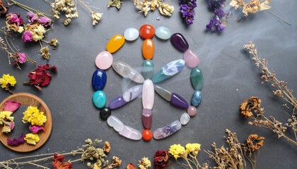 Mystical flat lays featuring sacred geometry patterns created with crystals, gemstones, candles, and herbs. Arranged in mandala-like designs on dark textured backgrounds with glowing atmospheric light