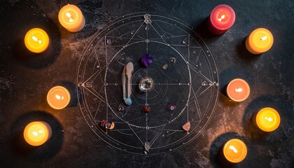 Mystical flat lays featuring sacred geometry patterns created with crystals, gemstones, candles, and herbs. Arranged in mandala-like designs on dark textured backgrounds with glowing atmospheric light