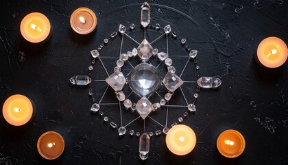 Mystical flat lays featuring sacred geometry patterns created with crystals, gemstones, candles, and herbs. Arranged in mandala-like designs on dark textured backgrounds with glowing atmospheric light