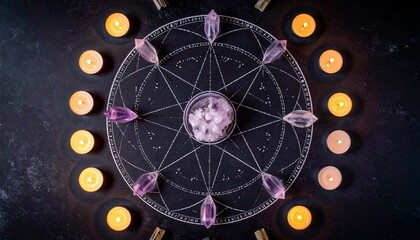 Mystical flat lays featuring sacred geometry patterns created with crystals, gemstones, candles, and herbs. Arranged in mandala-like designs on dark textured backgrounds with glowing atmospheric light