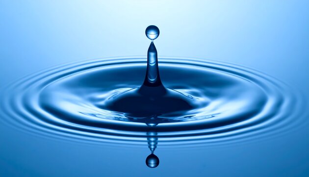A single water droplet forms a perfect tear as it impacts a reflective, rippled surface. The image captures the moment of impact and subsequent wave creation