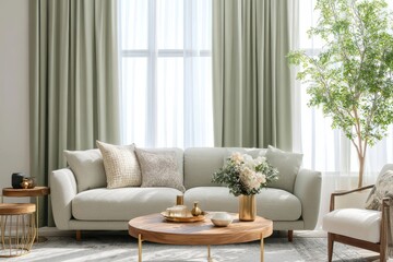 Light sage green curtains frame a cozy living room.