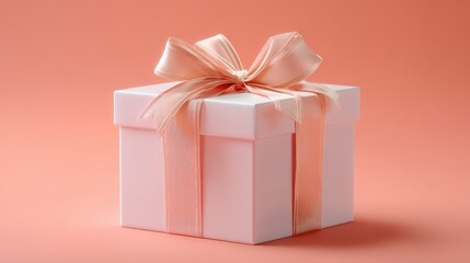 Obraz premium A beautifully wrapped pink gift box with a delicate ribbon sits against a soft coral background, perfect for celebrations and special occasions.