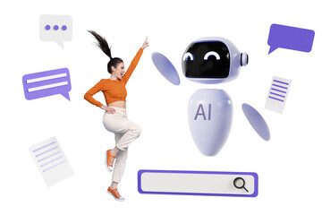 Composite trend artwork 3D sketch collage of robot assistant artificial intellect young lady stand...