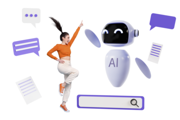 Composite trend artwork 3D sketch collage of robot assistant artificial intellect young lady stand finger hand up pose speech cloud search