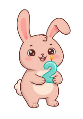 Fototapeta premium Cartoon Pink Rabbit Holding Blue Number Two Candle on Transparent Background