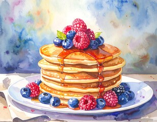 Watercolor Painting of Pancakes with Berries
