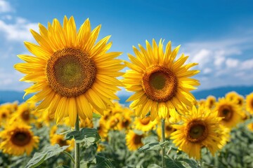 Sunflowers, JAPAN. Field of blooming sunflowers on a background blue sky. MZ 