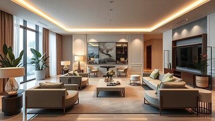 Fototapeta premium Modern lounge with neutral furniture and accent lighting, embodying elegant residential design sophistication.