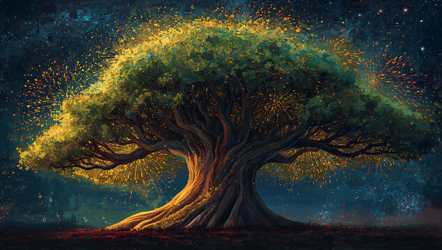 A giant tree bursts with fireworks from its branches, glowing in golden light against a starry night, blending nature and celestial celebration.