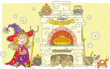 Happy little witch baking a traditional sweet pie in an old wood stove for a festive table, vector cartoon illustration
