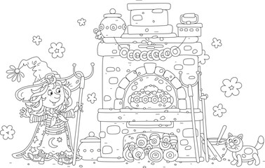 Happy little witch with her cat baking a traditional sweet pie in an old wood stove for a festive table, black and white vector cartoon illustration for a coloring book