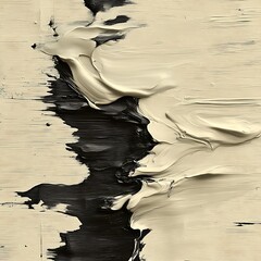 Abstract painting, textured with thick impasto strokes of cream and black pigment on a light beige canvas