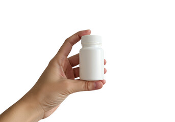 Hand holding a small white pill bottle with a cap isolated on transparent background