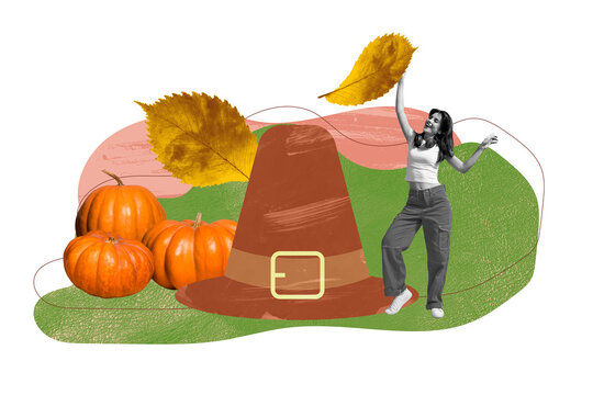 Composite photo collage of happy girl dance thanksgiving day enjoy park walk big hat pumpkin tradition isolated on painted background