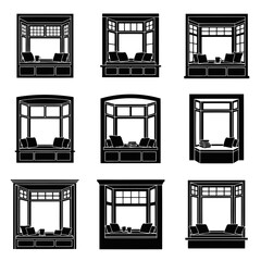 Vector art of collection of bay window seat silhouettes, showcasing various designs and arrangements for a comfortable reading nook