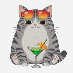 Funny fat cat with sunglasses is holding cocktail. Stylish poster banner for a bar