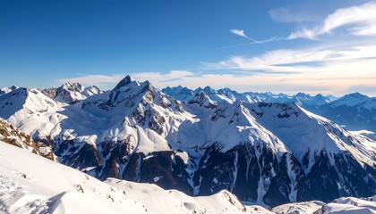 Majestic Snow Covered Mountain Range Under a Clear Blue Sky.