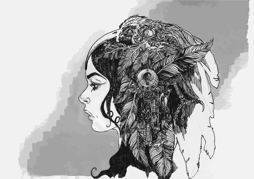Femme chaman &agrave; la parure de corbeau et de grigris en noir et blanc