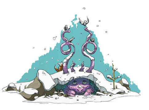 Dragon mignon avec de longues cornes sous la neige en couleurs