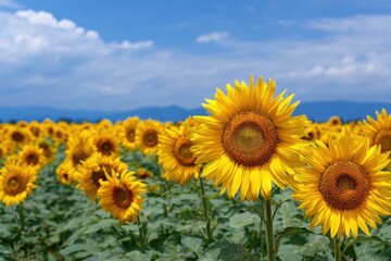 Sunflowers, JAPAN. Field of blooming sunflowers on a background blue sky. MZ 