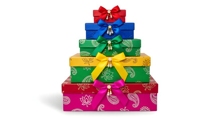 Obraz premium Colorful Stacked Gift Boxes with Elegant Bows and Decorative Patterns for Festive Occasions