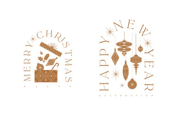 Merry Christmas hand drawn greeting labels with lettering drawing in beige theme on white background