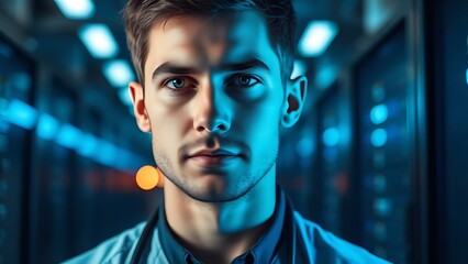 A technical specialist focuses intently with soft blue server room lighting.