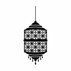Vector art of elegant black lantern with intricate geometric patterns, casting a soft glow in the darkness