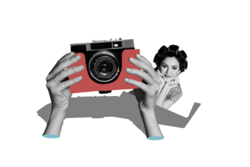 Composite trend artwork image photo collage of two hand hold photocamera take picture young lady portrait retro hairdo posing smile