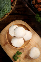 Fresh White Mushrooms in Wooden Bowl - Healthy Vegan Cooking Ingredients