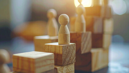 Small wooden figurine ascending stacked cube like stair, concept of progress, career growth