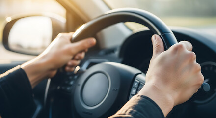 Close-up view of a driver's hands firmly holding the steering wheel of a car during a road trip