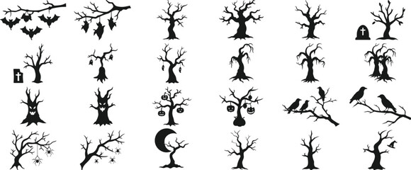 Halloween spooky tree silhouette set with bats, pumpkins, crows, spiders, and grave elements – vector illustration