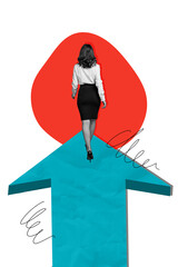 Vertical poster collage young businesswoman entrepreneur walk step confidence persistence arrow...
