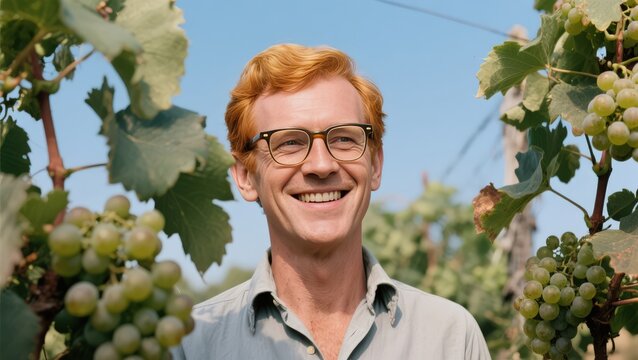 Head and shoulders view of early 50s man with strawberry blond hair wearing eyeglasses, open collar shirt, and smiling at camera between grapevines