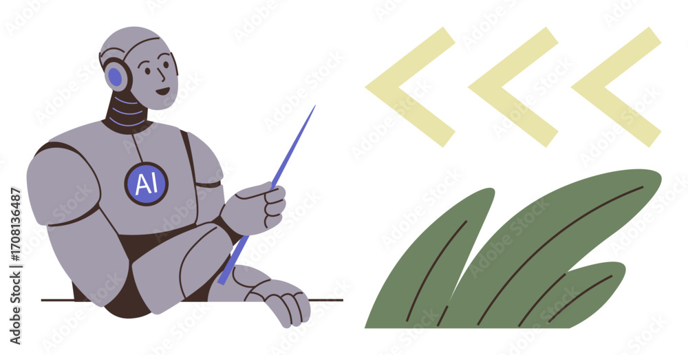 Poster friendly ai robot using pointer to explain or present information near abstract arrows and leaf shap