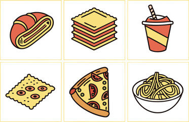 A Collection of Delicious Food Icons: Pizza, Pasta, Lasagna, and More vector Illustration