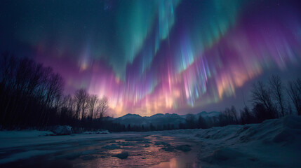 Medium shot of glowing aurora dancing over icy landscape, vivid green and purple colors saturating the sky.