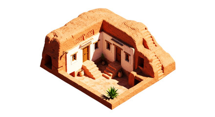 sunbaked desert oasis 3d model of an ancient adobe home, isolated on transparent background