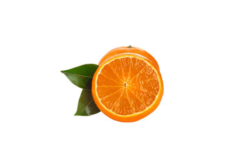 Fresh Orange Slice with Green Leaf on White Background - Citrus Fruit Cross Section