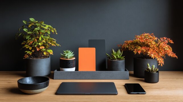 Minimalist desk setup with potted plants, black accessories, an orange notebook, tablet, and smartphone on a wooden surface against a dark wall, blending tech and biophilic decor.