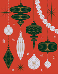 Christmas tree art deco toys in different shapes and forms in vintage style drawing in green and white theme on red background
