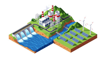 sustainable energy complex isometric 3d model of green power generation, isolated on transparent background