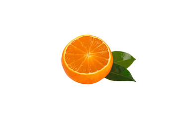 Fresh Orange Half Slice with Green Leaves Isolated on White Background