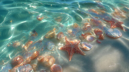 Close-up of ocean tidepool glowing with starfish and shells, radiant turquoise tones under sunlight.