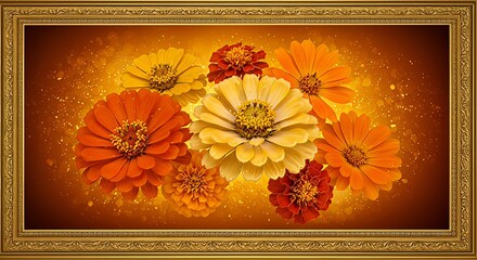 A captivating collection of vibrant zinnia blooms elegantly golden vintage frame, wallpaper background, an exquisite piece of wall art for any room, tv frame display, evoking timeless floral beauty