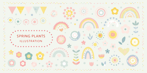 Spring plants and floral elements illustration with pastel background