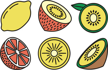 A vibrant collection of stylized citrus and kiwi fruit illustrations on a white vector Illustration